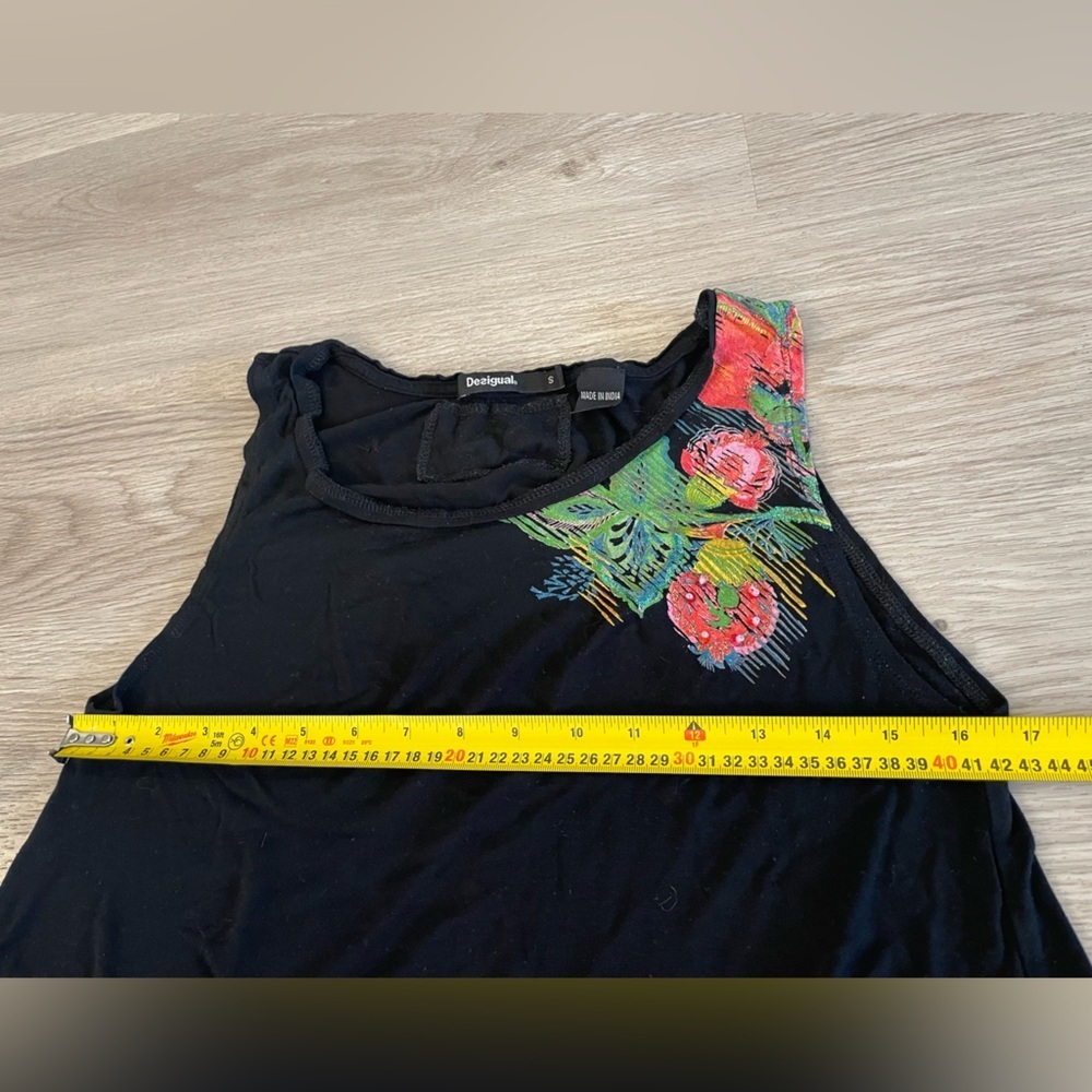 DESIGUAL Flowy Black Designer Dress Tunic Top with Floral Accents. Size S - Picture 8 of 9